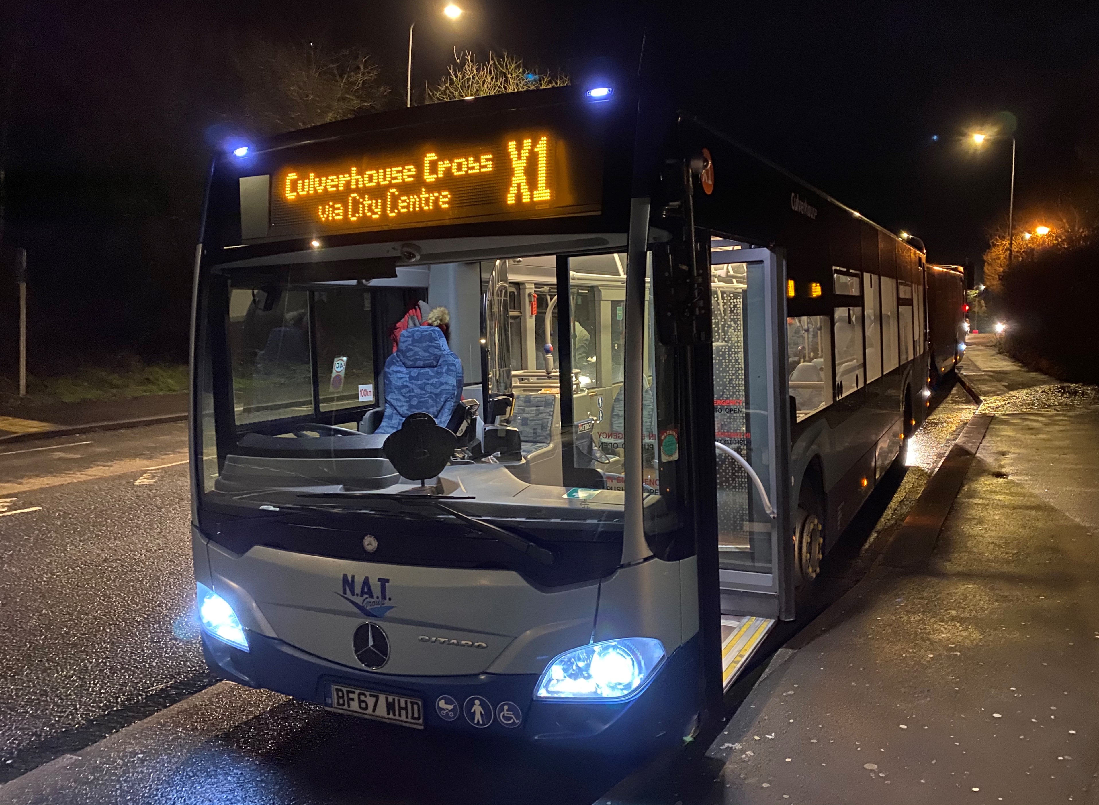 X1 bus at night